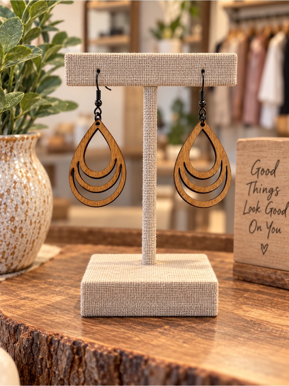 Source Unknown Brown Layered Teardrop Wooden Earrings